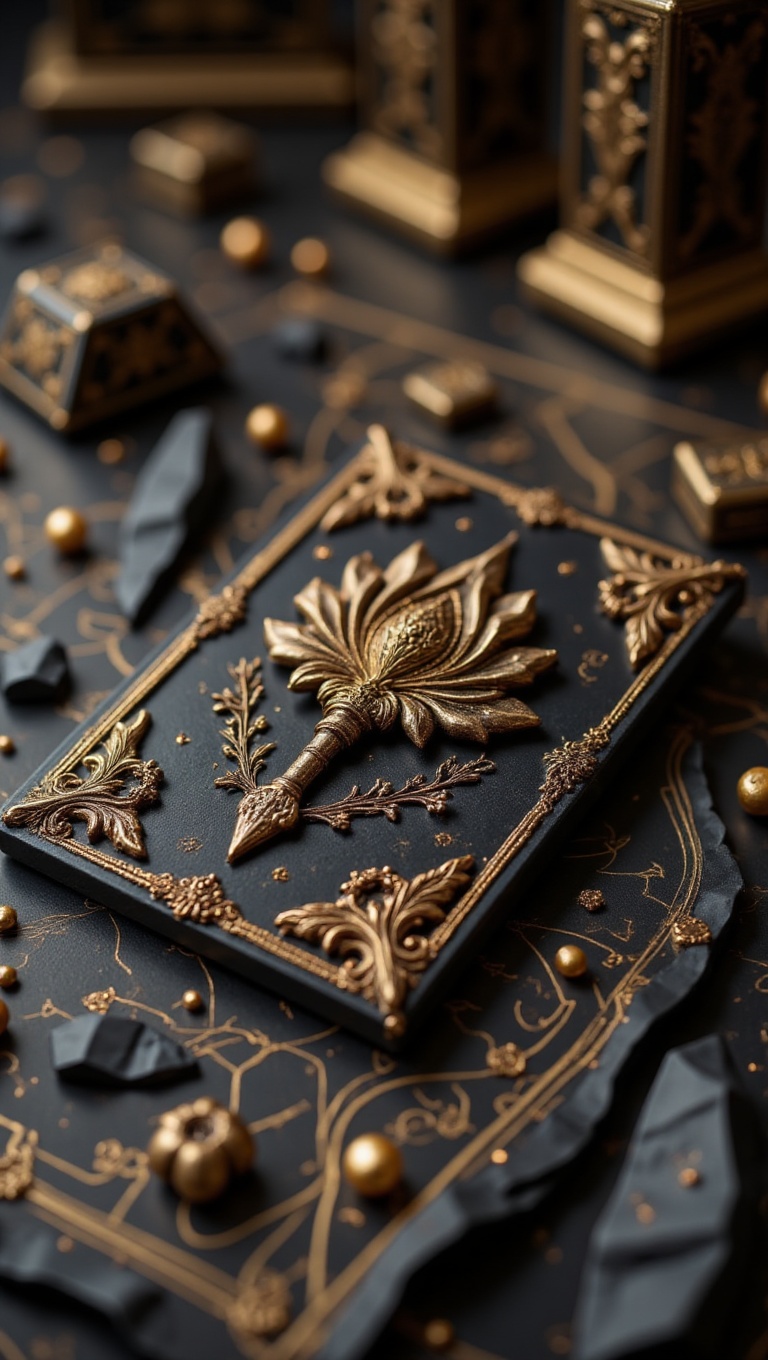 A macro shot of a hyperrealistic fantasy game piece. The central piece is a rectangular card made of dark,  textured mater...