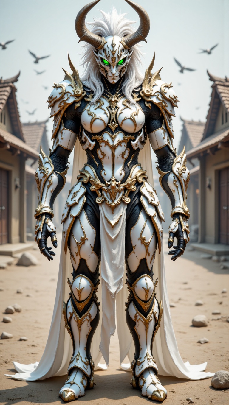 The image depicts a formidable,  humanoid figure in highly detailed,  fantastical armor. The central subject is a white-ar...