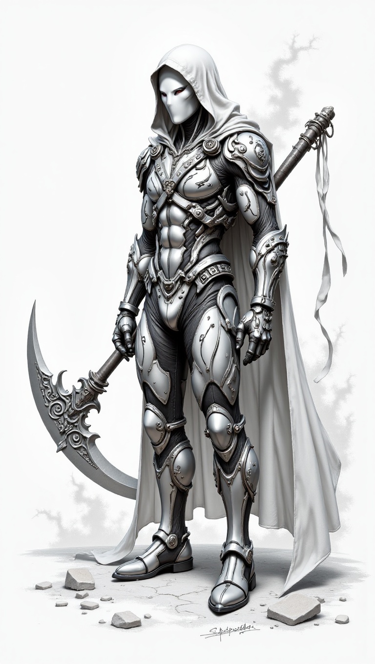 A black and white pencil drawing of a cloaked figure wielding a large scythe. The character is depicted in a sleek suit ad...