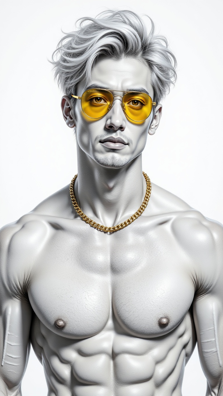 A black and white pencil drawing of a muscular young man with messy white hair,  wearing yellow-tinted sunglasses and a go...