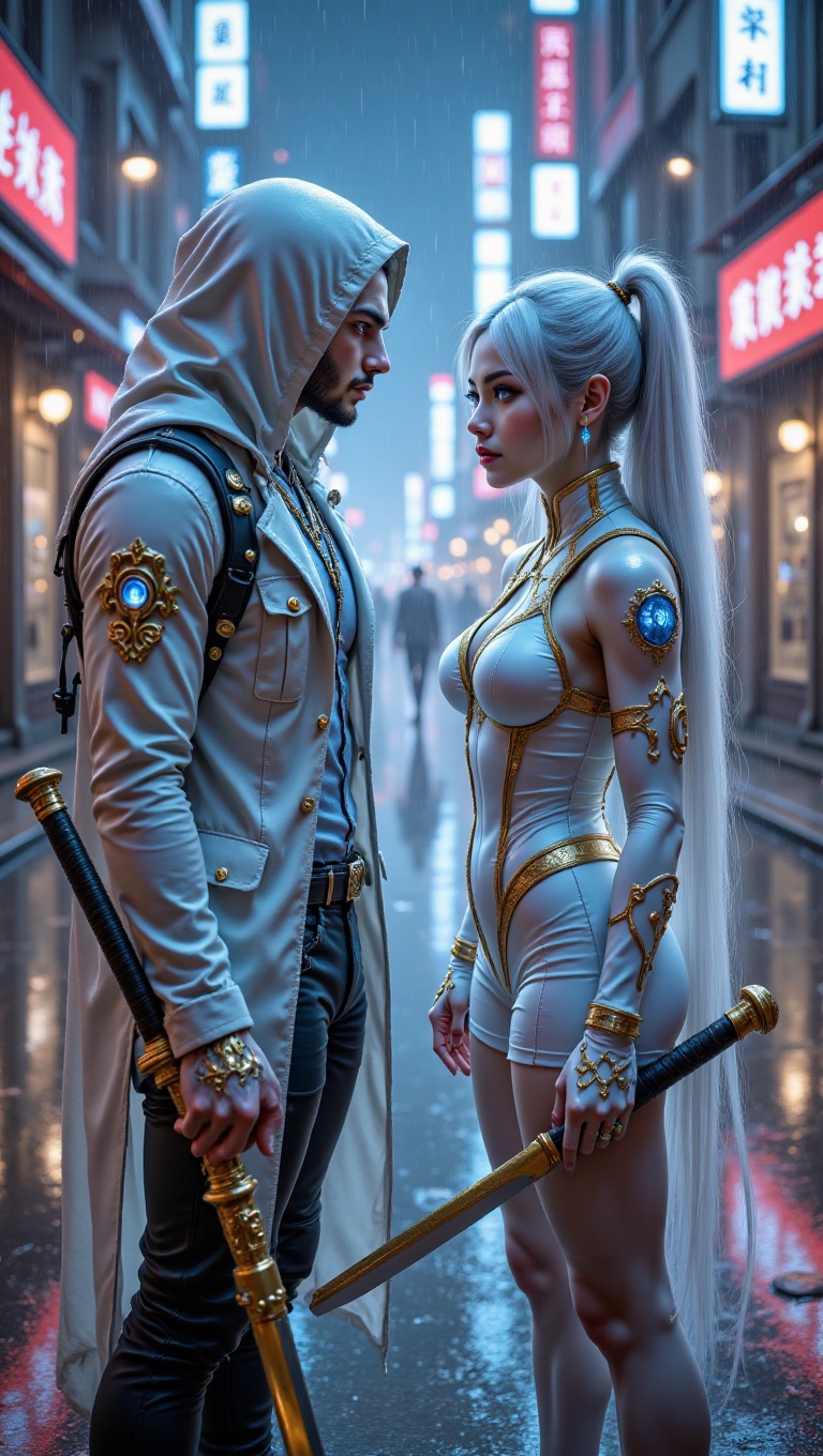 a young man and a young woman face off,  both with long white hair,  blue eyes with glowing. The man wears a hooded white...