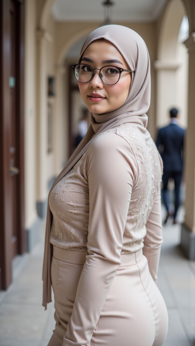 The image features a woman from the waist up,  looking over her shoulder at the viewer. She is wearing a light-colored hij...