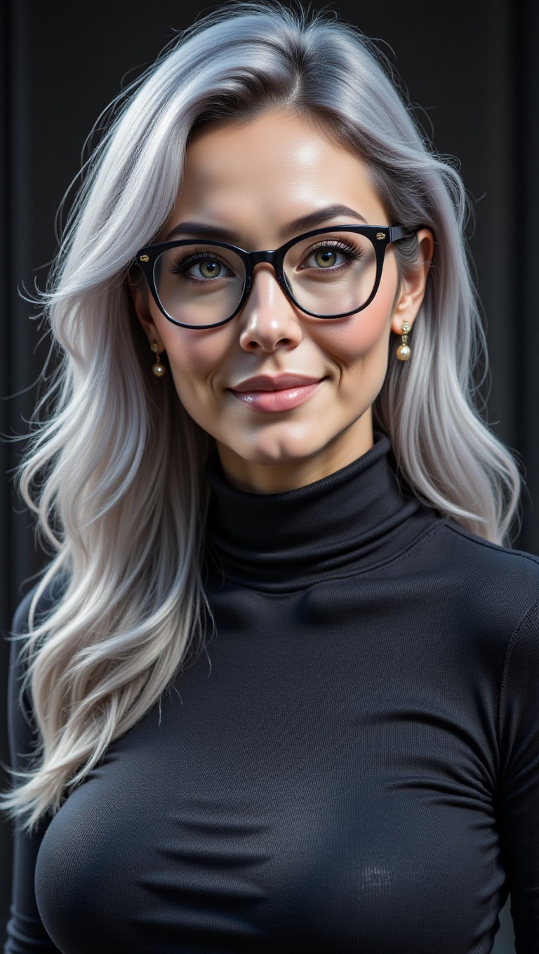 A hyper-realistic,  ultra-detailed portrait of a mature woman with long,  flowing silver hair that partly covers one eye....