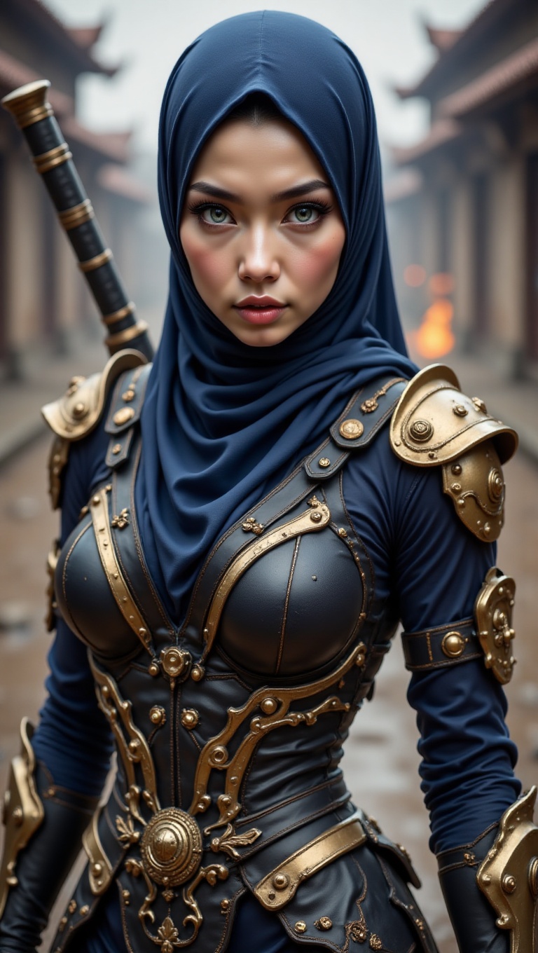 Stylish Malay hijab warrior princess in a modern hijabster aesthetic,  wearing a sleek combat-ready outfit blended with tr...