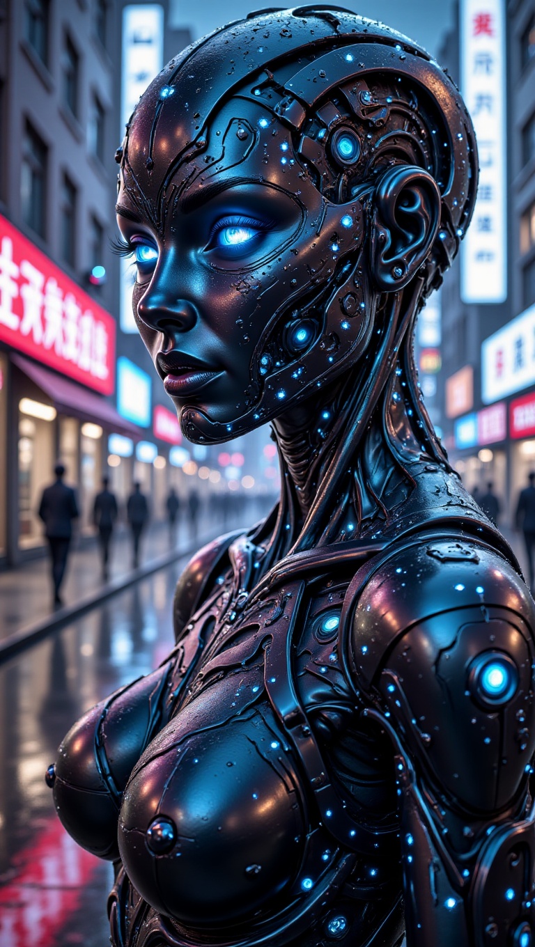 Cyberpunk female android,  synthetic skin with iridescent sheen,  glowing blue circuits on Tensor.Art