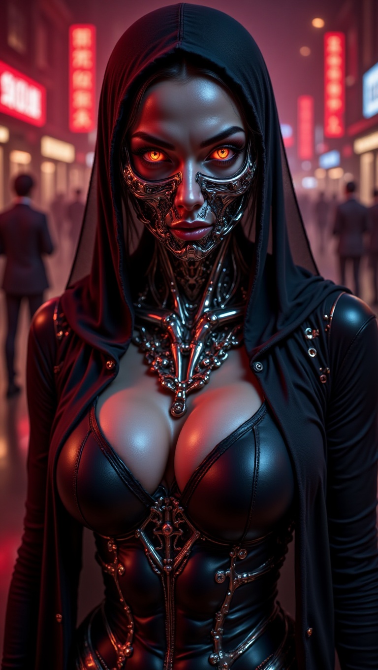 A hyper-realistic,  ultra-detailed close-up portrait of a hooded woman standing in a dark,  neon-lit nightclub. She wears...