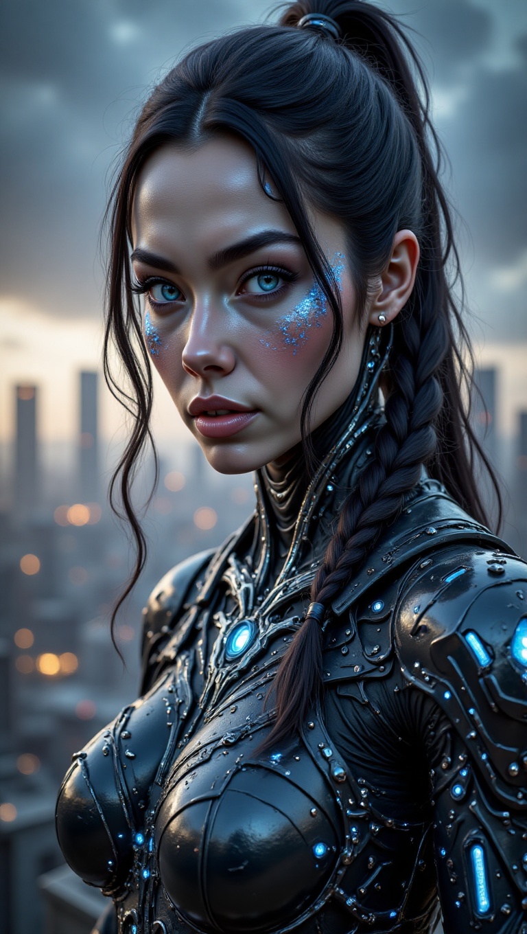 A hyper-realistic,  ultra-detailed portrait of a woman with a serious,  focused expression and piercing bright blue eyes a...