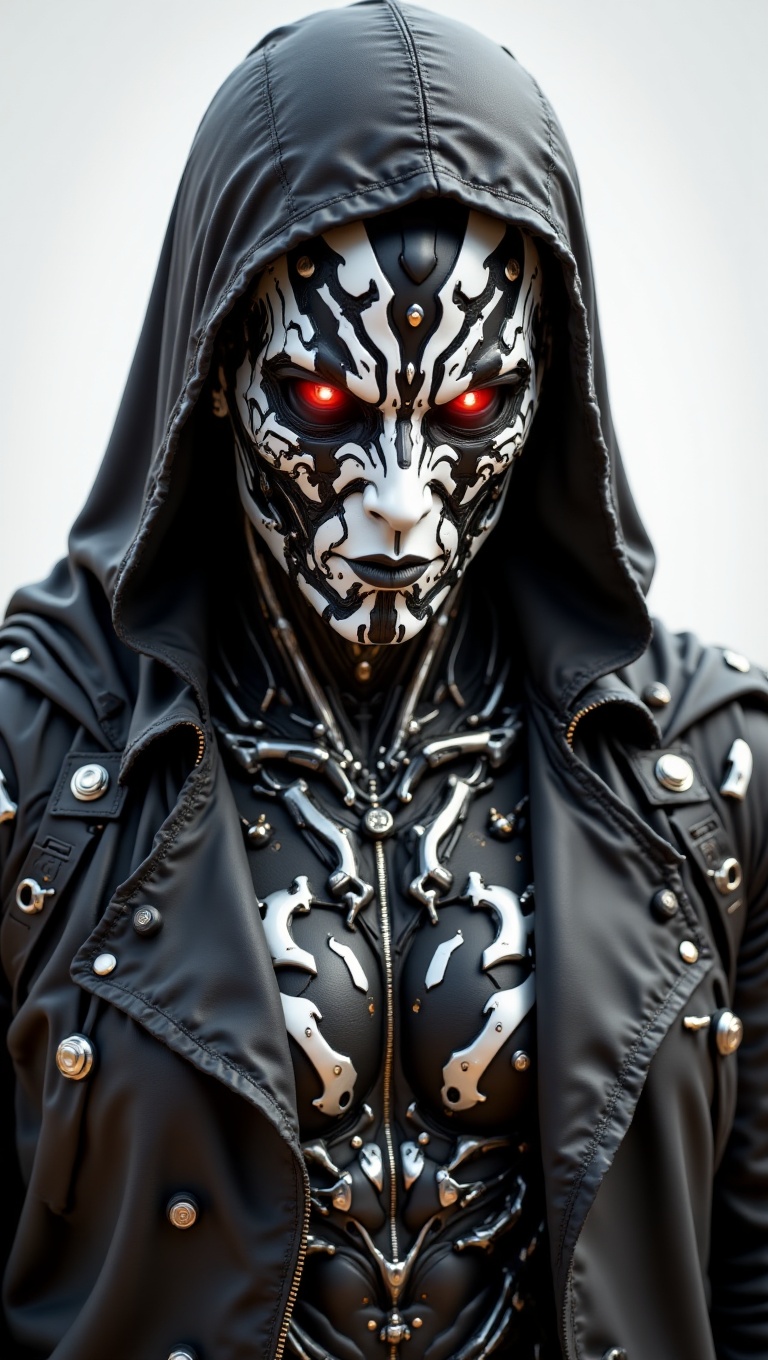 Create an image of a mysterious,  cyberpunk male character wearing a dark hooded cloak. Their face is obscured by a futuri...