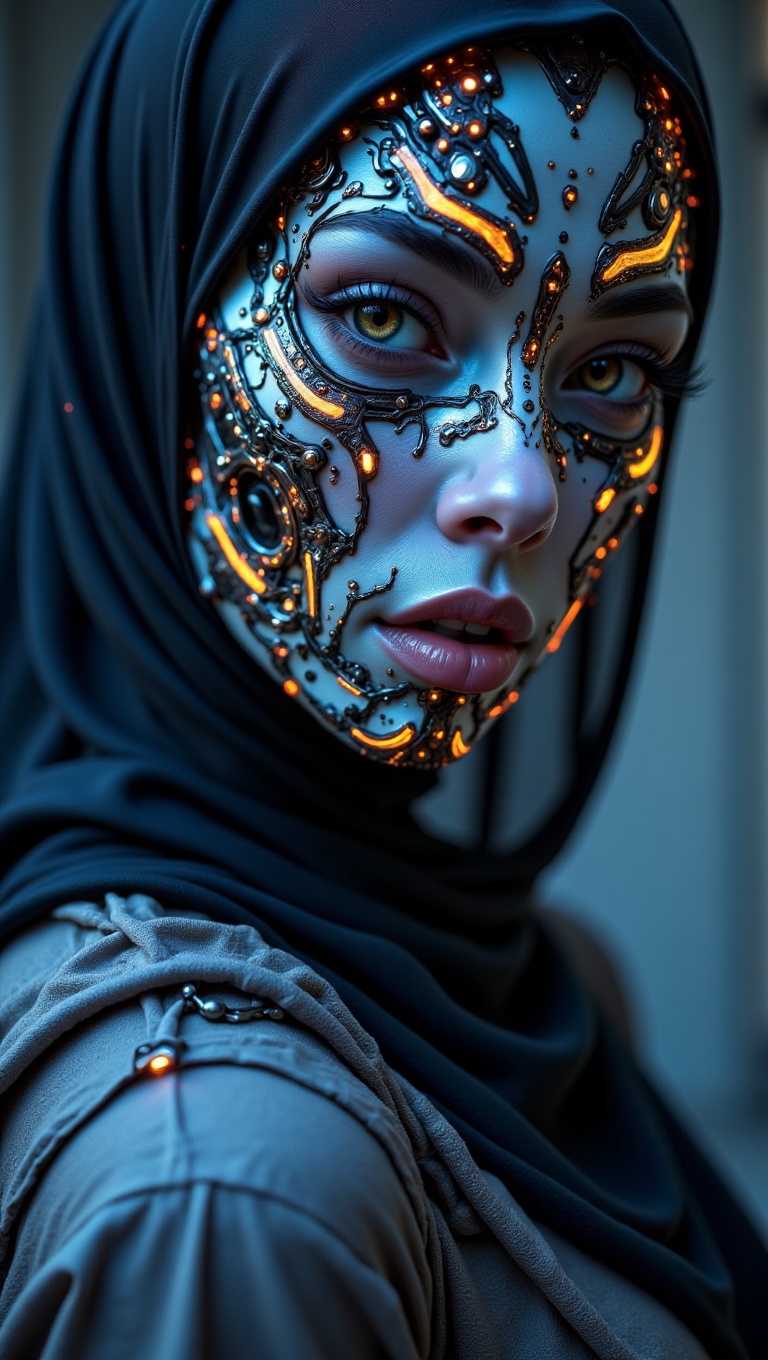 A close-up shot of a pretty Malay woman's face,  wearing a hijab and loose abaya,  transformed into a zombie cyborg. Her f...