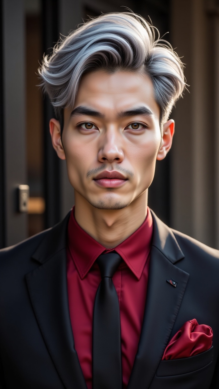 A hyper-realistic,  ultra-detailed portrait of a handsome young man in his late 20s with striking silver-grey hair,  style...