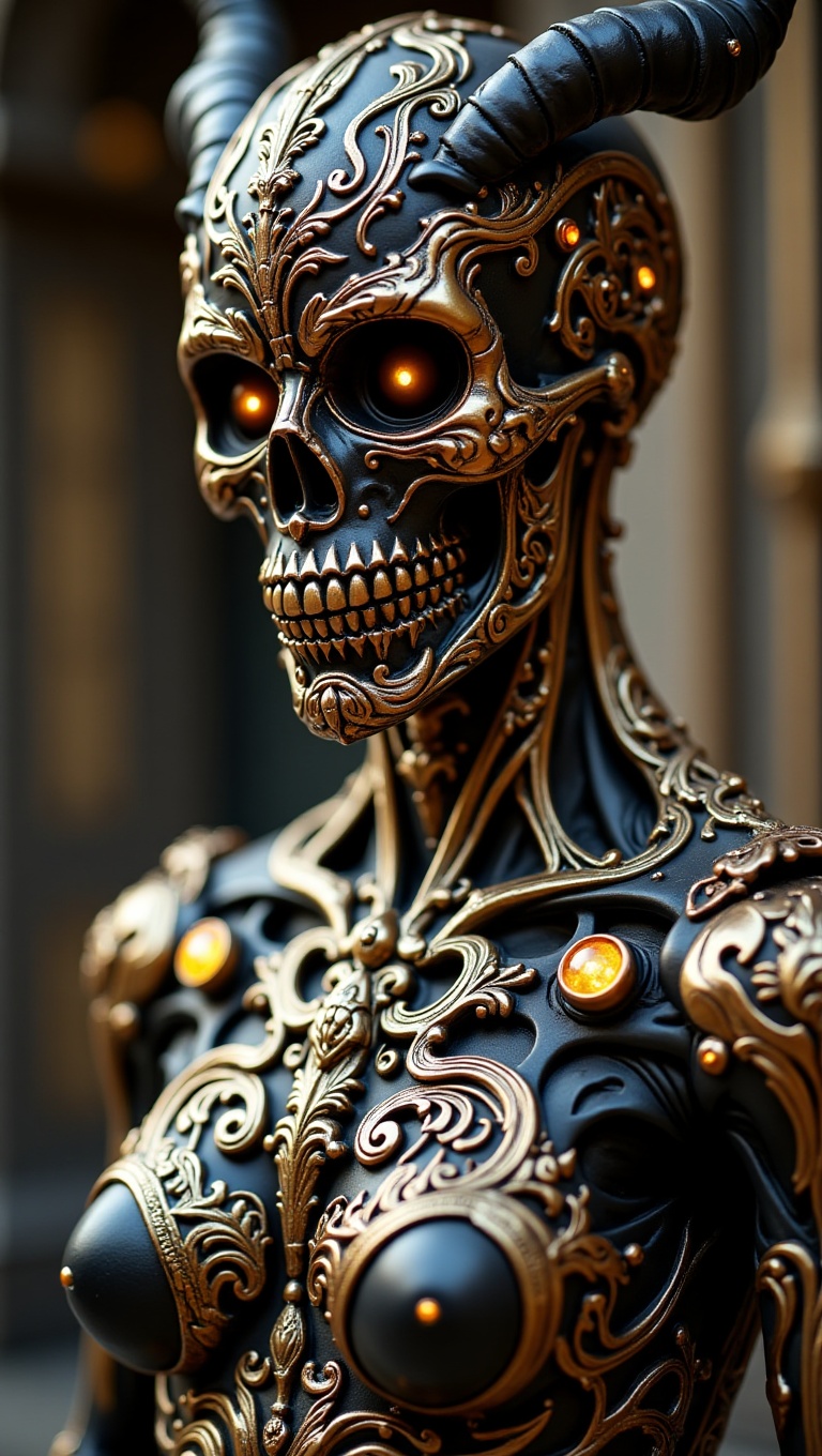 A hyper-realistic,  ultra-detailed bust of a stylized skeletal figure,  combining macabre and ornate design. The skull is...
