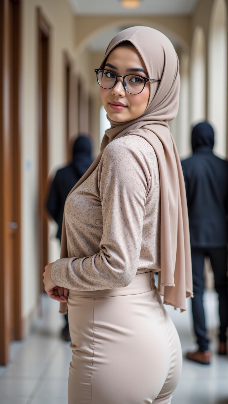 The image features a woman from the waist up,  looking over her shoulder at the viewer. She is wearing a light-colored hij...
