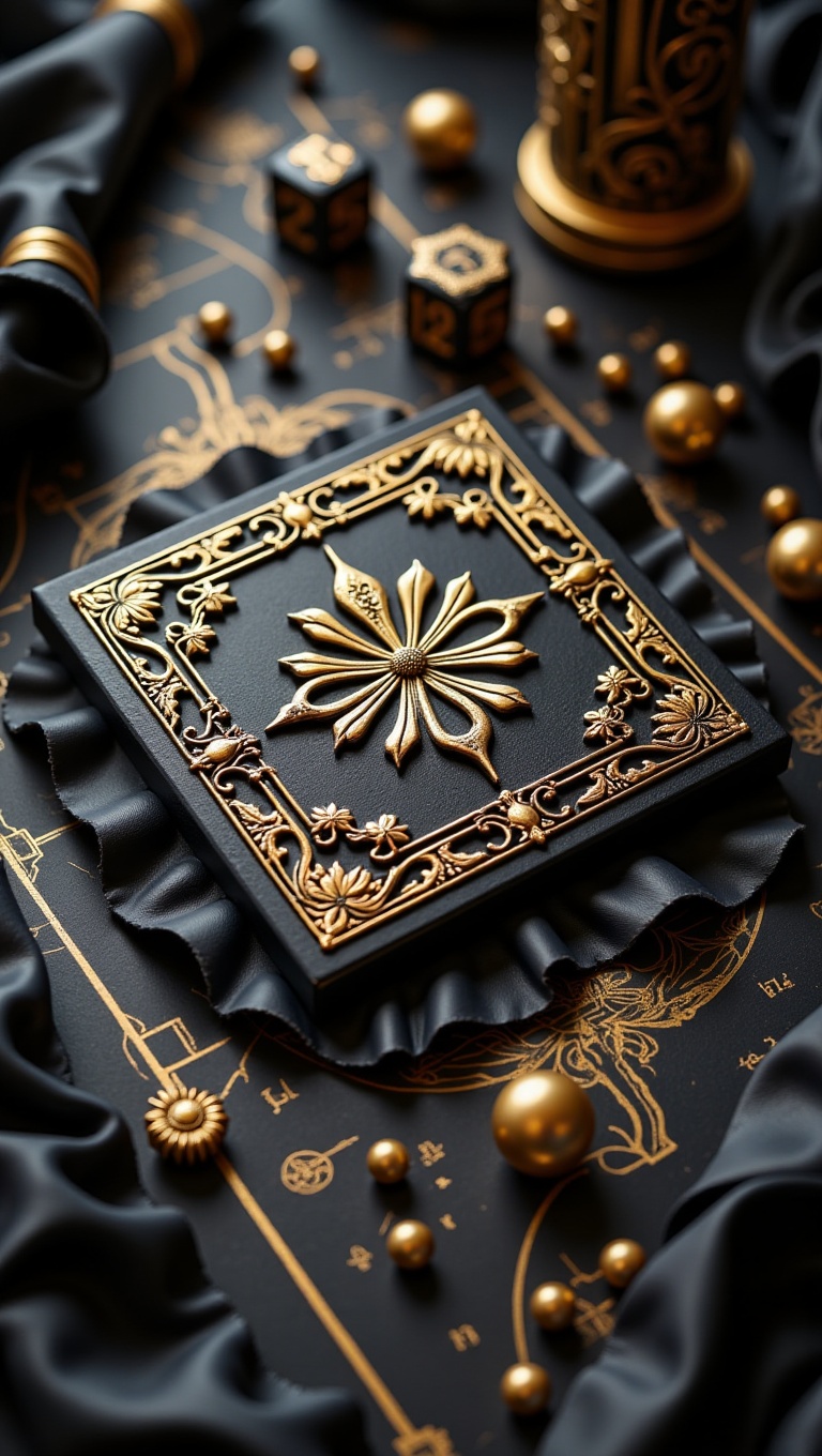 A hyper-realistic,  ultra-detailed flat lay of an ornate rectangular card or tile placed at the center of the composition....