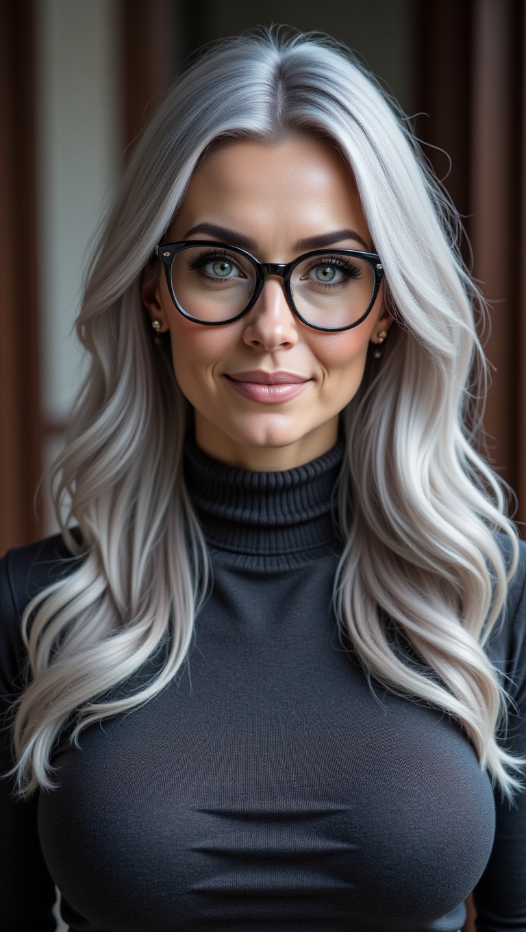 A hyper-realistic,  ultra-detailed portrait of a mature woman with long,  flowing silver hair that partly covers one eye....