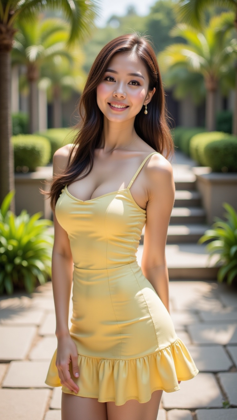 stunning full body portrait of a young woman with a beautiful smile,  standing in a sunlit garden. She has long brown hair...