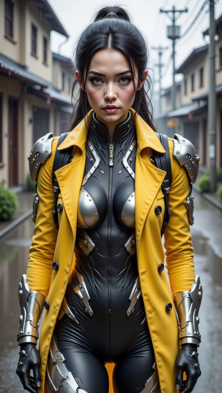 This image features a woman in a distinctive,  futuristic-style outfit,  blending rugged and sophisticated elements. The c...