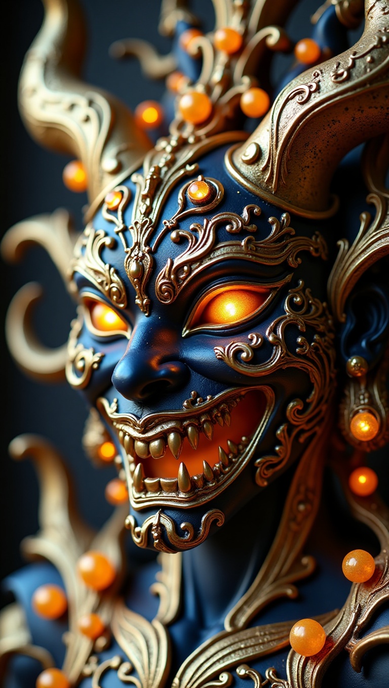 This image depicts a highly detailed and intricate sculpture or mask,  blending dark,  almost demonic features with a sens...