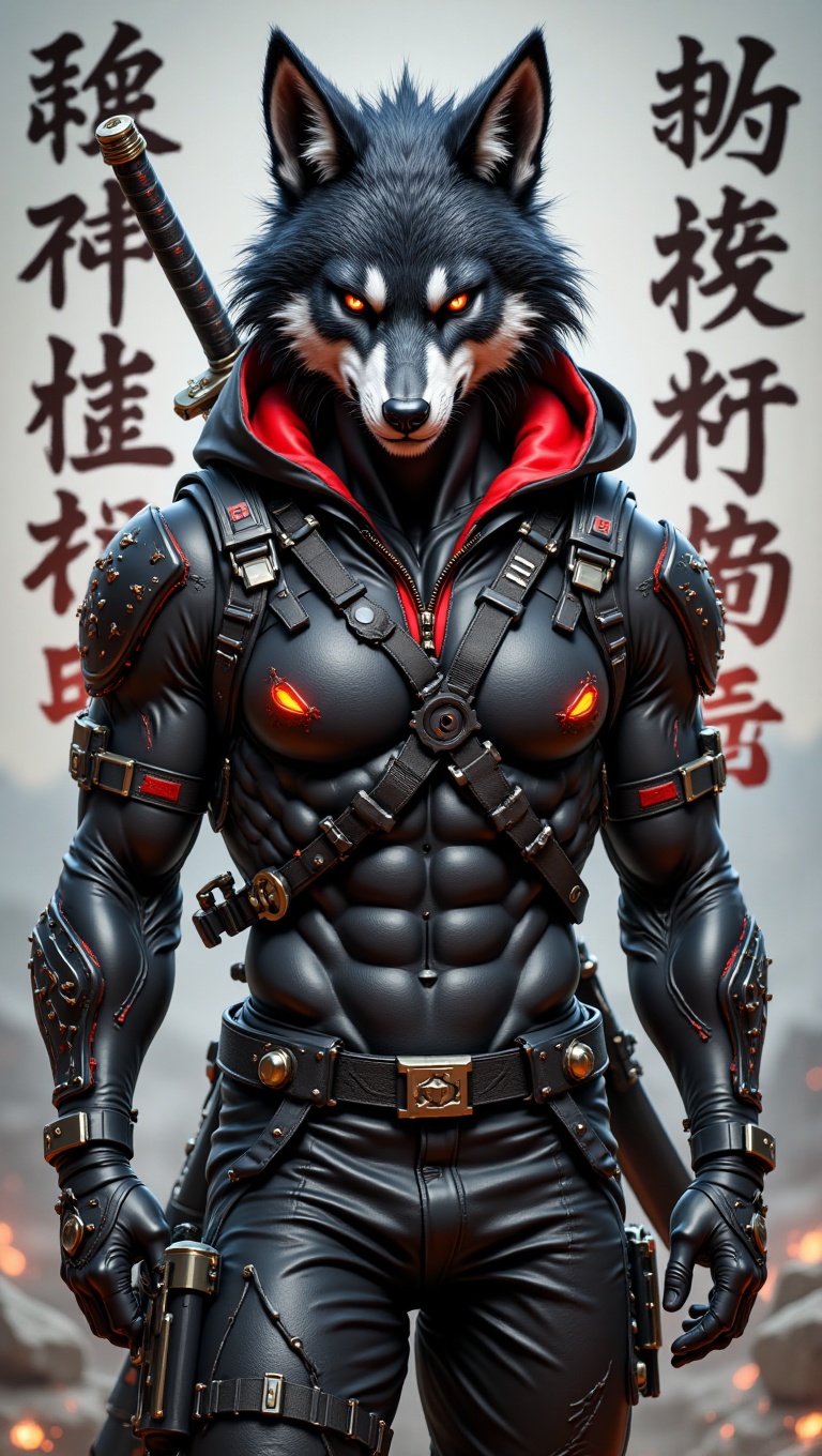 Create a highly detailed,  muscular anthropomorphic wolf character,  dressed in a cyberpunk-inspired tactical outfit. The...