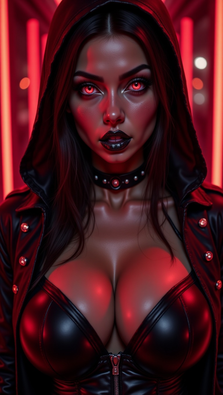 a close-up of a woman with a metal jaw,  hooded,  black hood on Tensor.Art