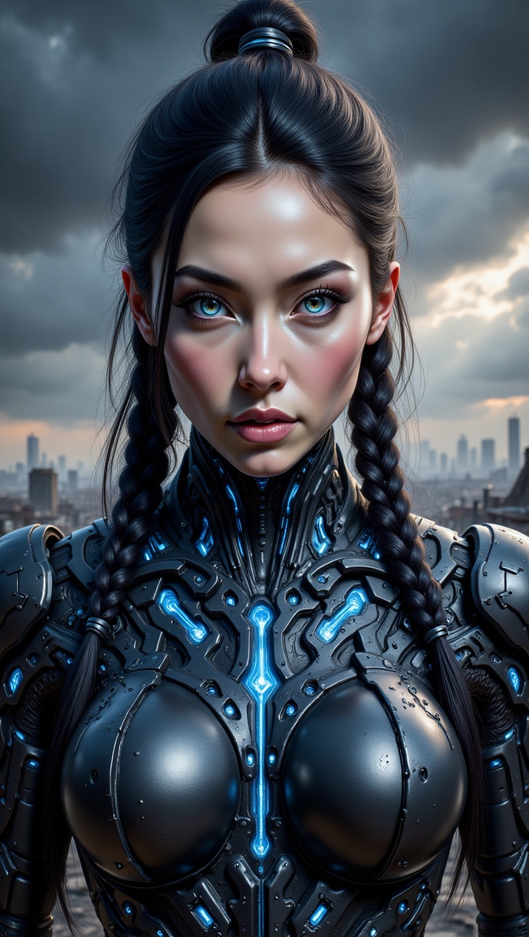 The subject is a woman,  rendered with intricate detail on her face and a serious,  focused expression. Her bright blue ey...