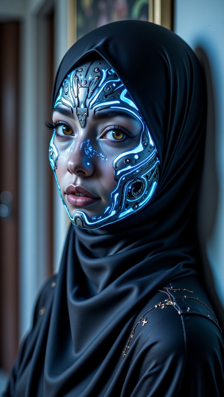 A close-up shot of a pretty Malay woman's face,  wearing a hijab and loose abaya,  transformed into a zombie cyborg. Her f...
