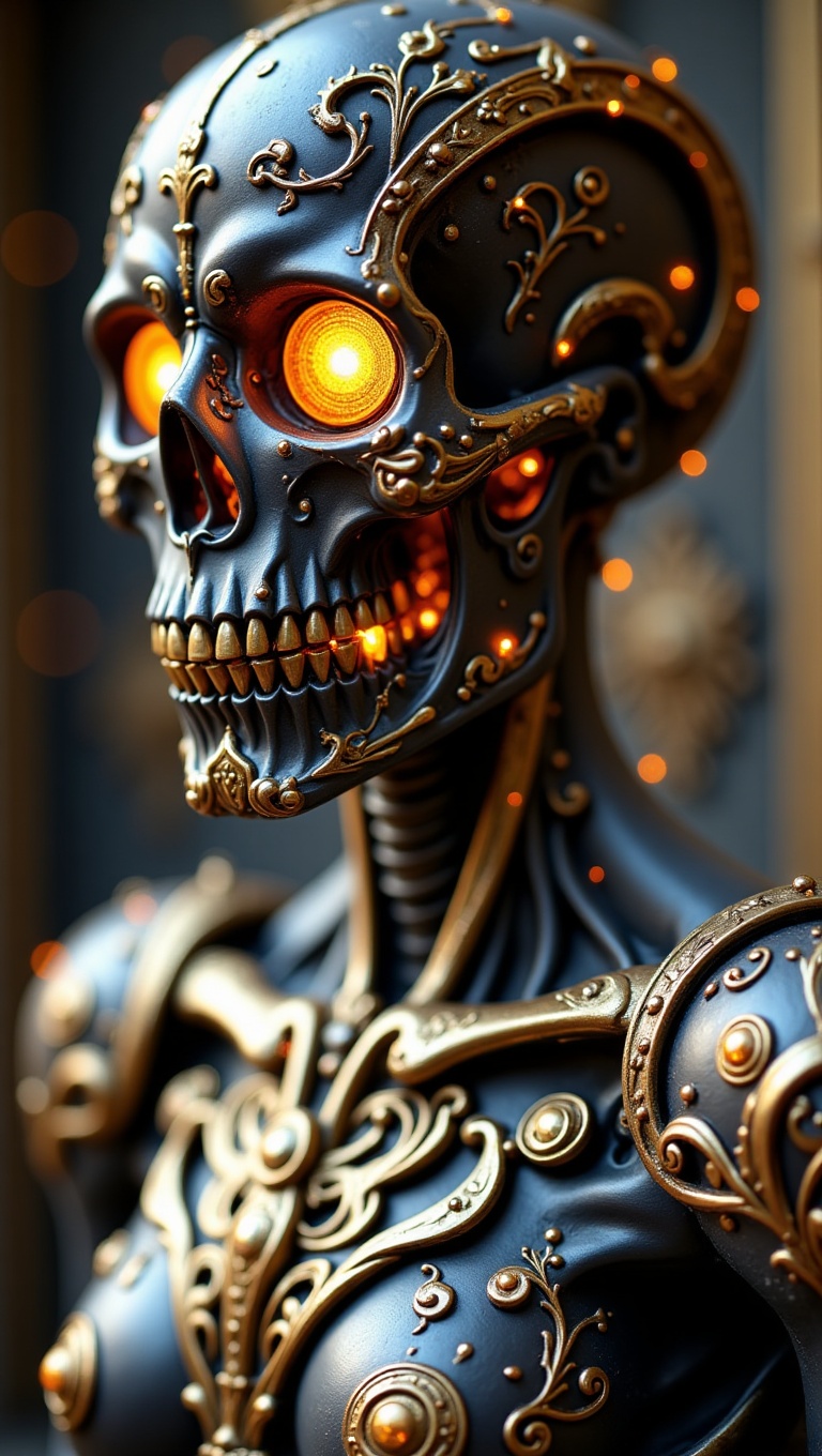 This image features a bust of a skeletal figure,  rendered in a highly stylized and ornate manner. It combines the morbid...