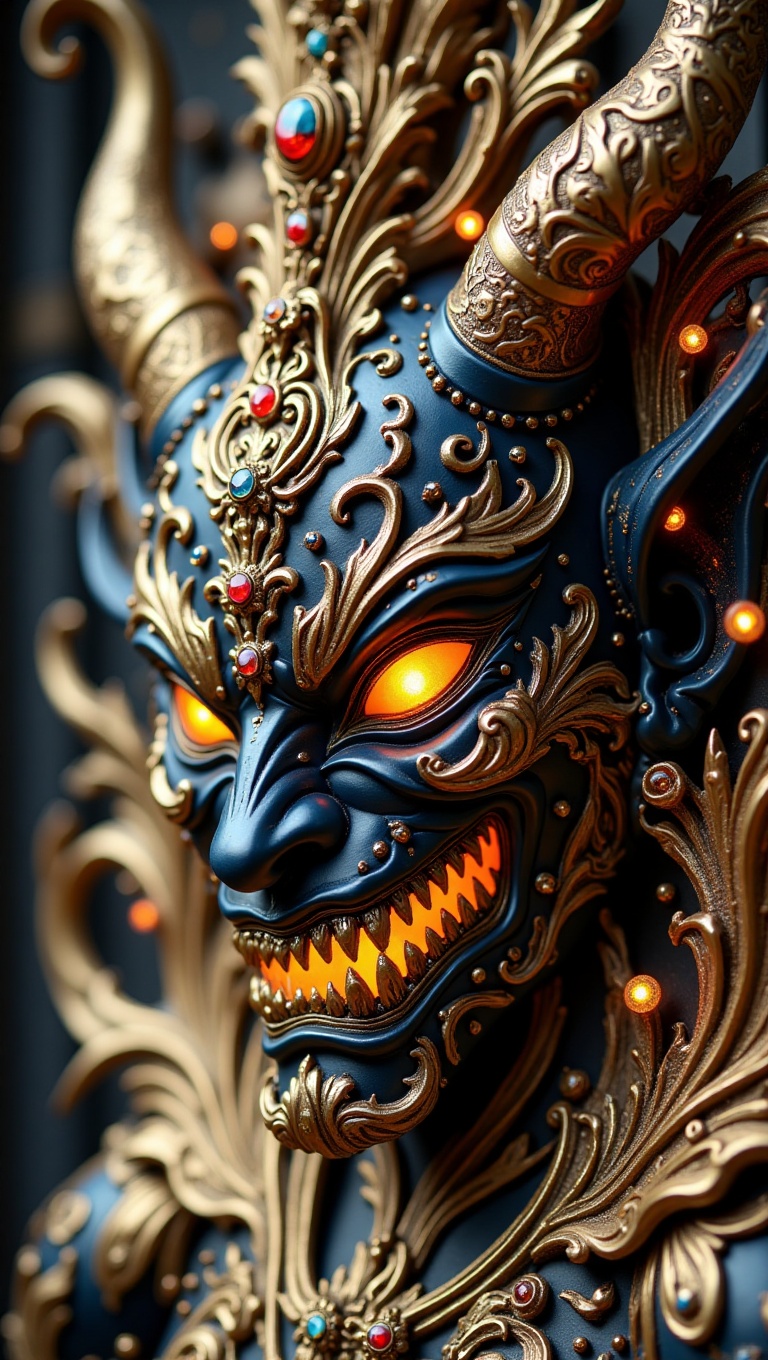 This image depicts a highly detailed and intricate sculpture or mask,  blending dark,  almost demonic features with a sens...