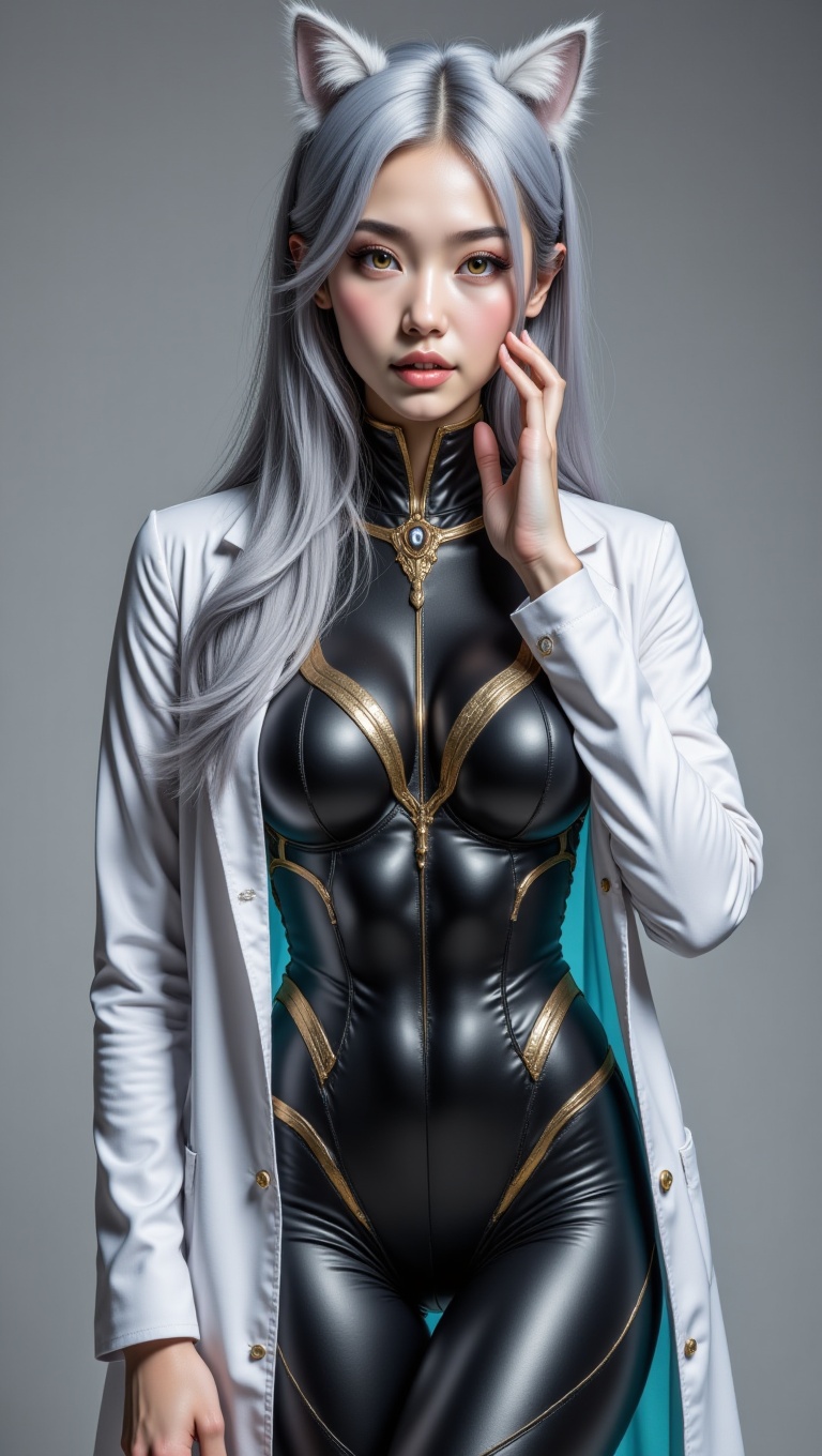 A full-body photorealistic model photoshoot of a young woman with long,  flowing silver hair styled with natural shine and...