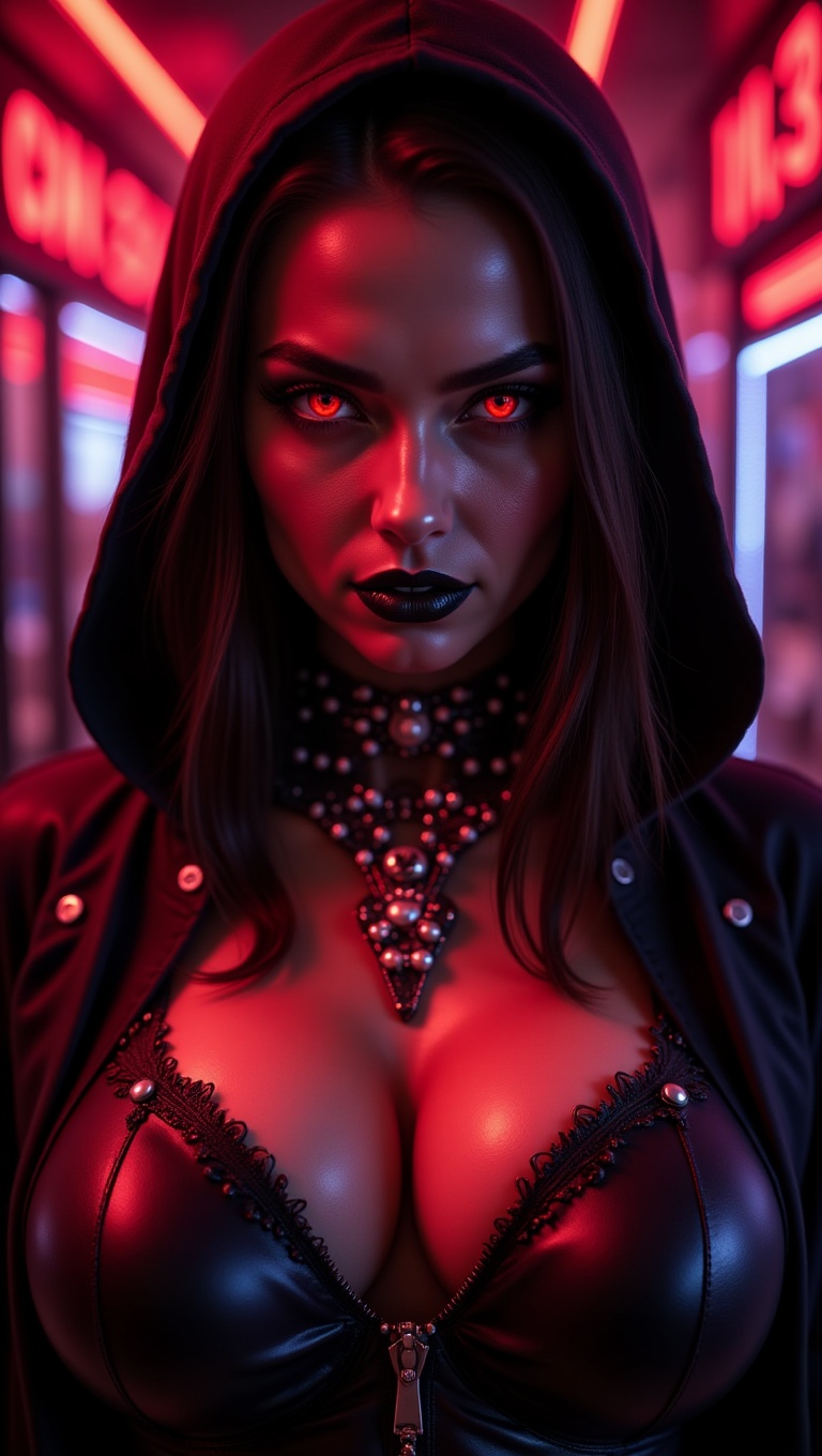 a close-up of a woman with a metal jaw,  hooded,  black hood on Tensor.Art