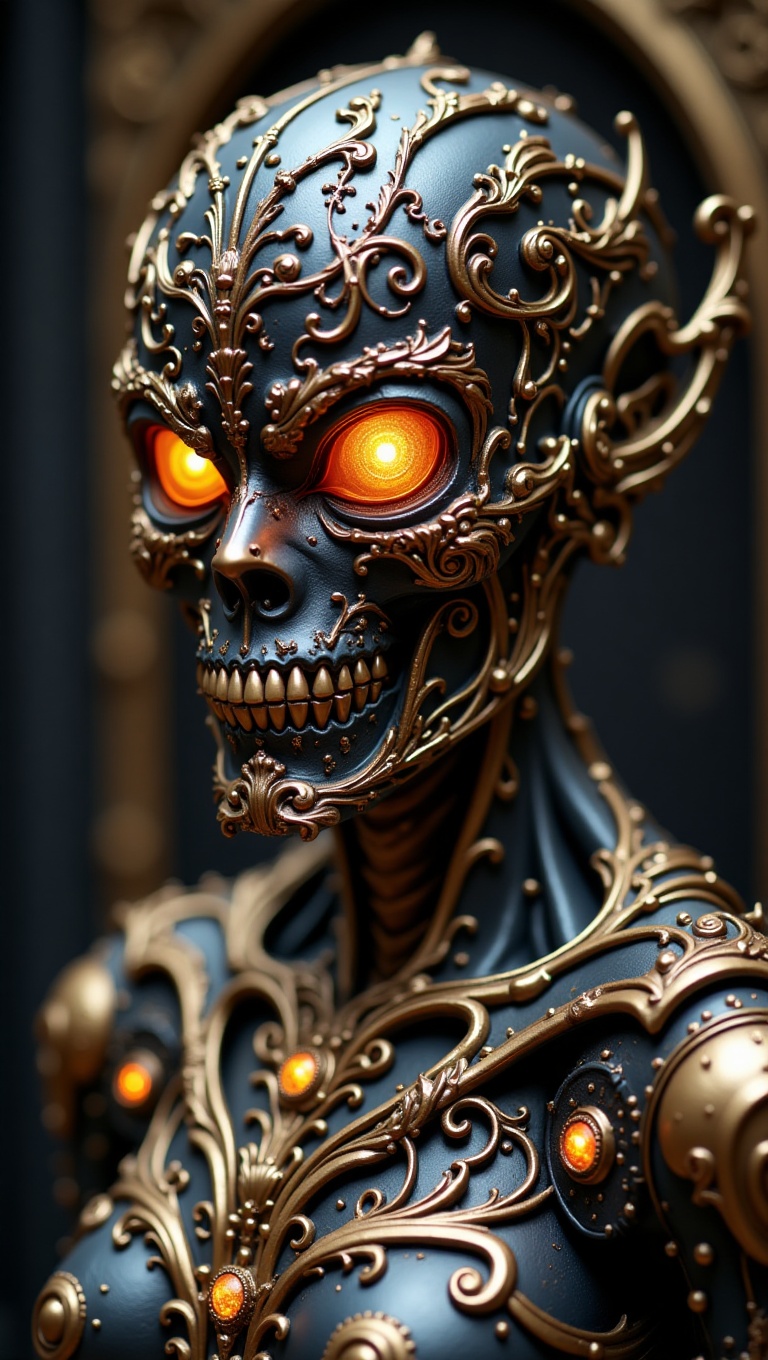 This image features a bust of a skeletal figure,  rendered in a highly stylized and ornate manner. It combines the morbid...