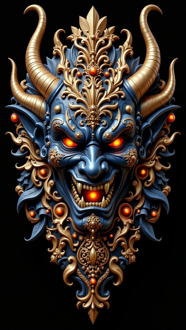 This image depicts a highly detailed and intricate sculpture or mask,  blending dark,  almost demonic features with a sens...