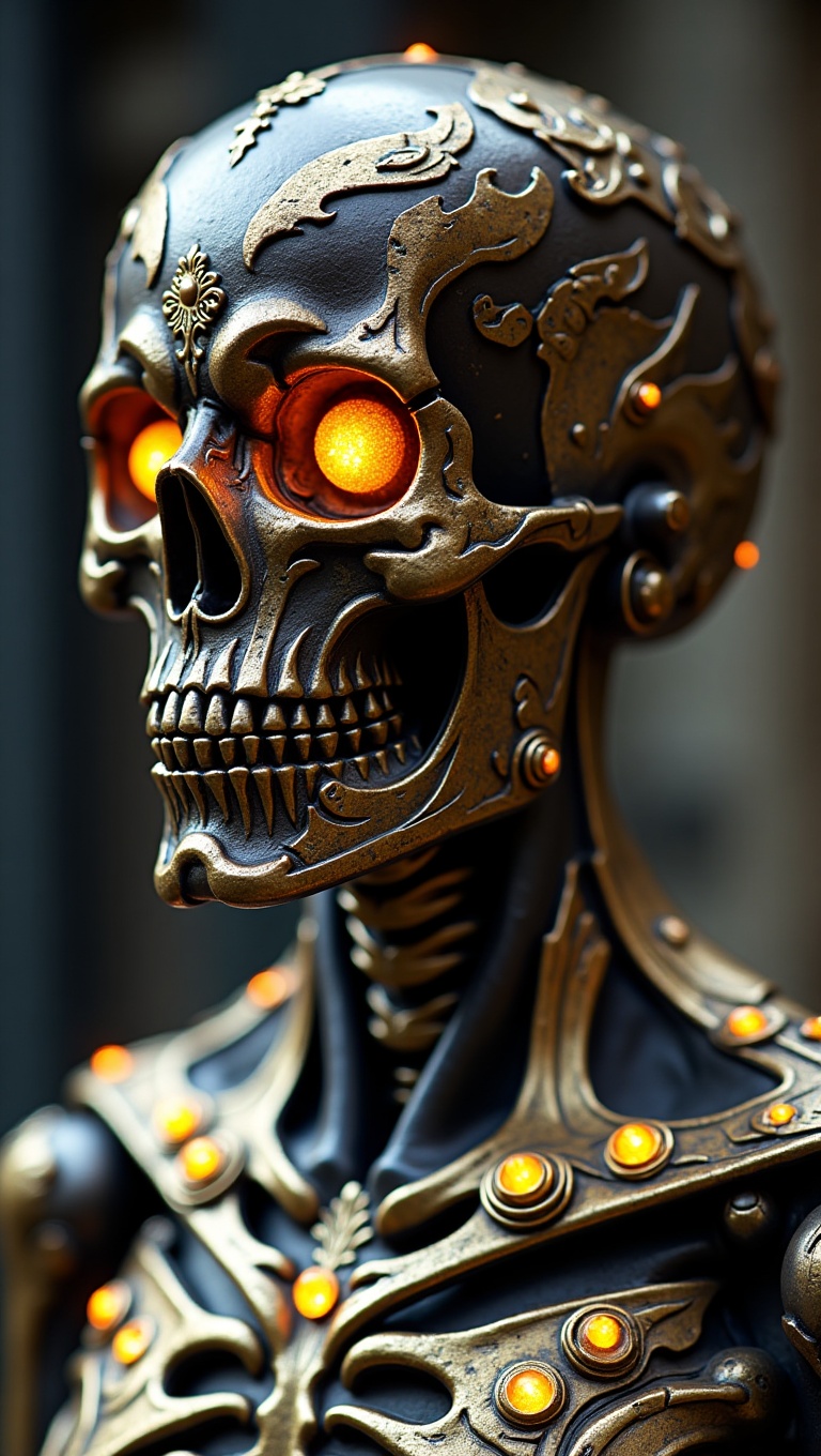 This image features a bust of a skeletal figure,  rendered in a highly stylized and ornate manner. It combines the morbid...