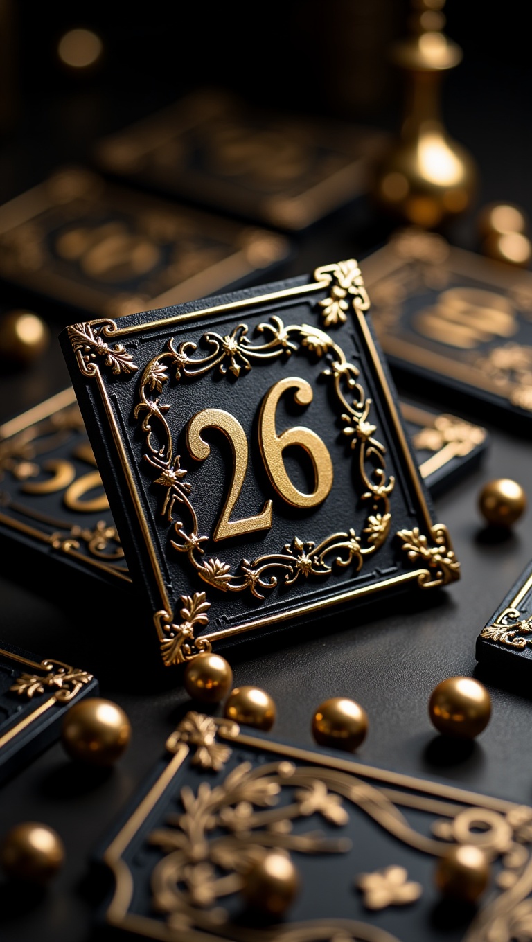 This image showcases a highly ornate and luxurious playing card or tile,  set within a sophisticated,  dimly lit environme...