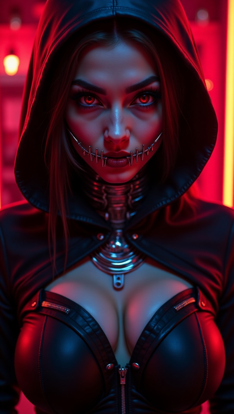 a close-up of a woman with a metal jaw,  hooded,  black hood on Tensor.Art