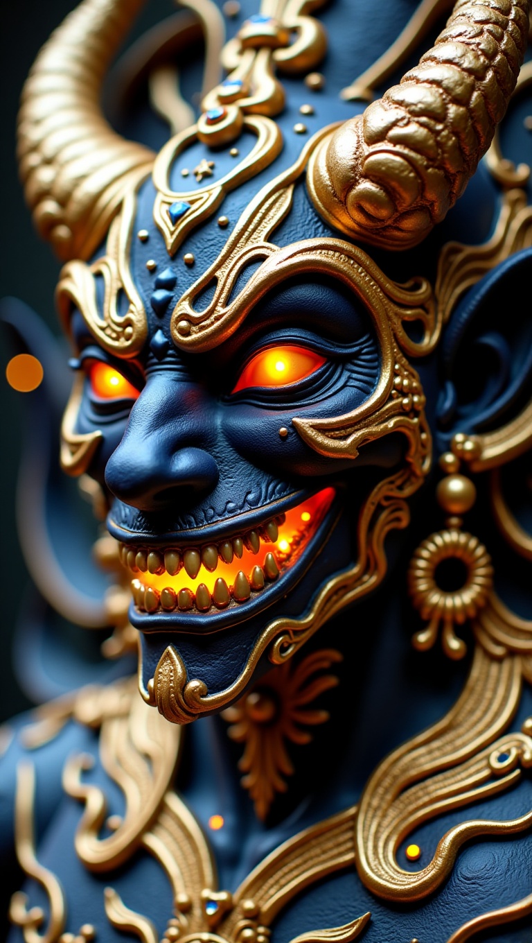 This image depicts a highly detailed and intricate sculpture or mask,  blending dark,  almost demonic features with a sens...