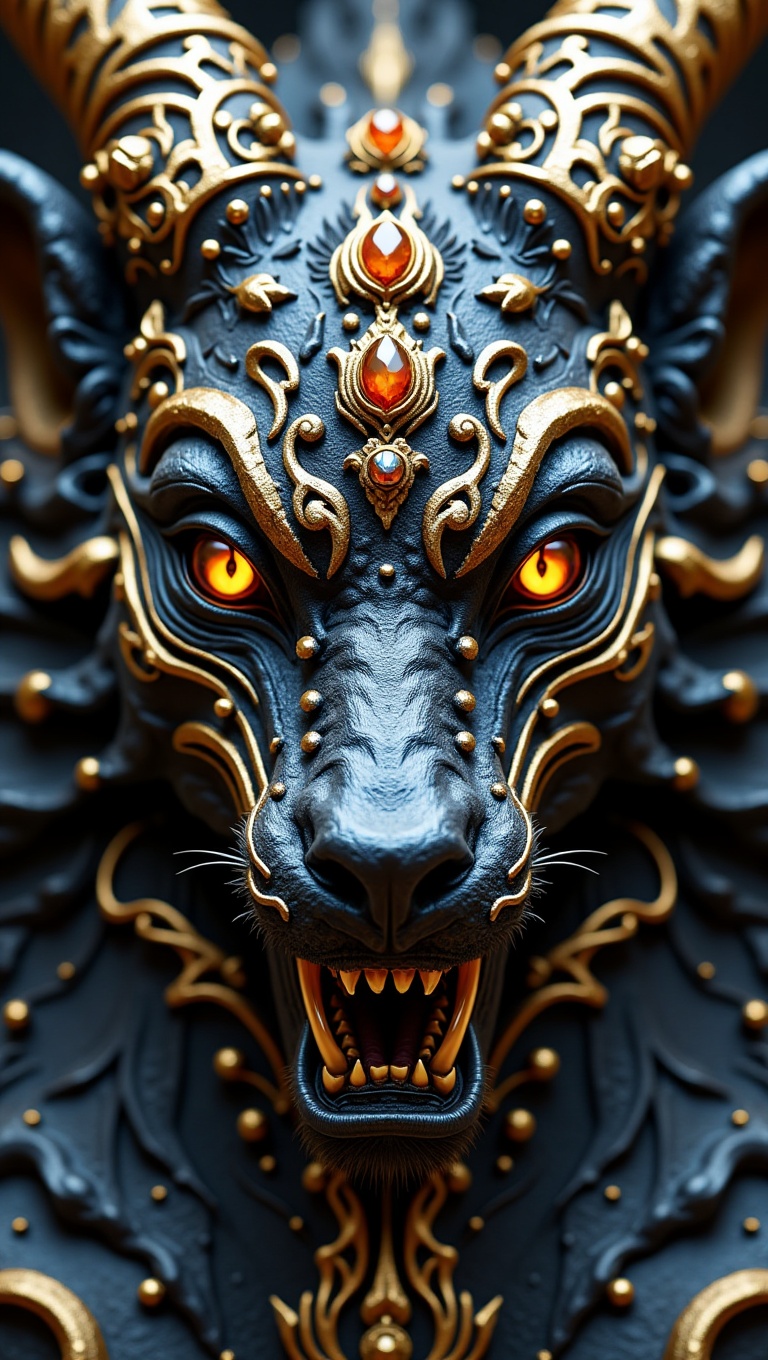 A highly detailed portrait of a mythical beast's face,  sculpted from a dark,  polished obsidian-like material with ornate...