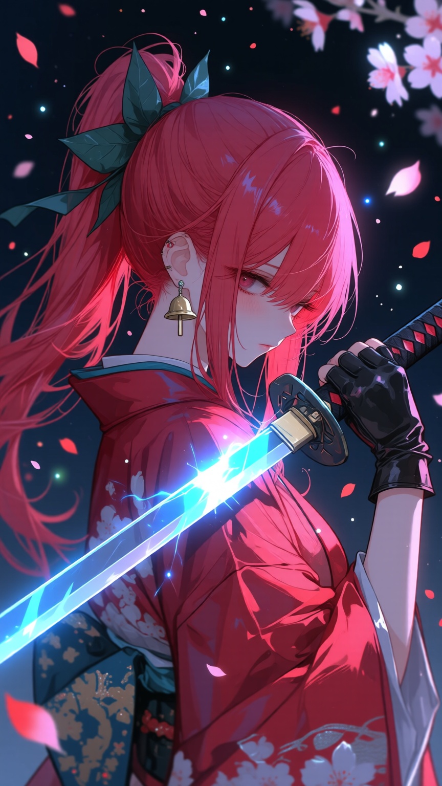 748cmstyle,  A beautiful anime girl with long,  flowing red hair tied in a high ponytail adorned with a vibrant pink flowe...