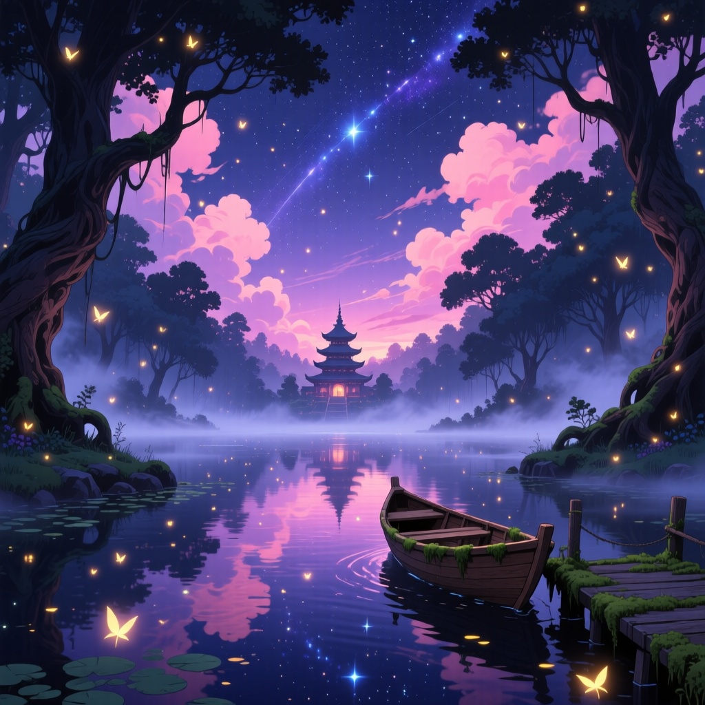 masterpiece,  dreamy fantasy environment,  enchanted forest surrounding a hidden lake on Tensor.Art