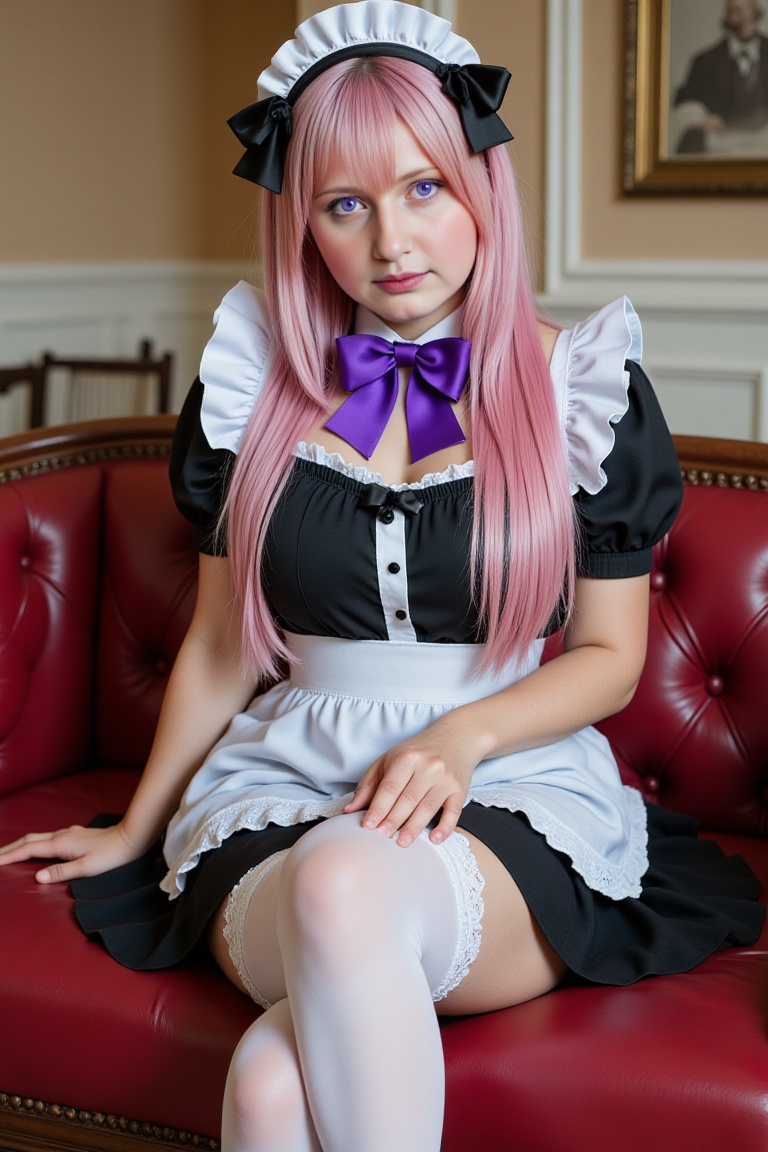 Annamaid. Masterpiece. A 22-year-old confident woman anime-style maid with very long,  straight pastel pink hair,  sharp v...