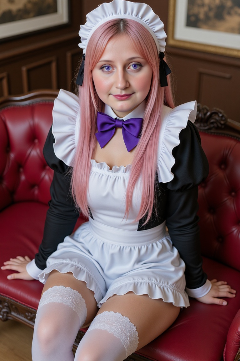 Annamaid. Masterpiece. A 22-year-old confident woman anime-style maid with very long,  straight pastel pink hair,  sharp v...