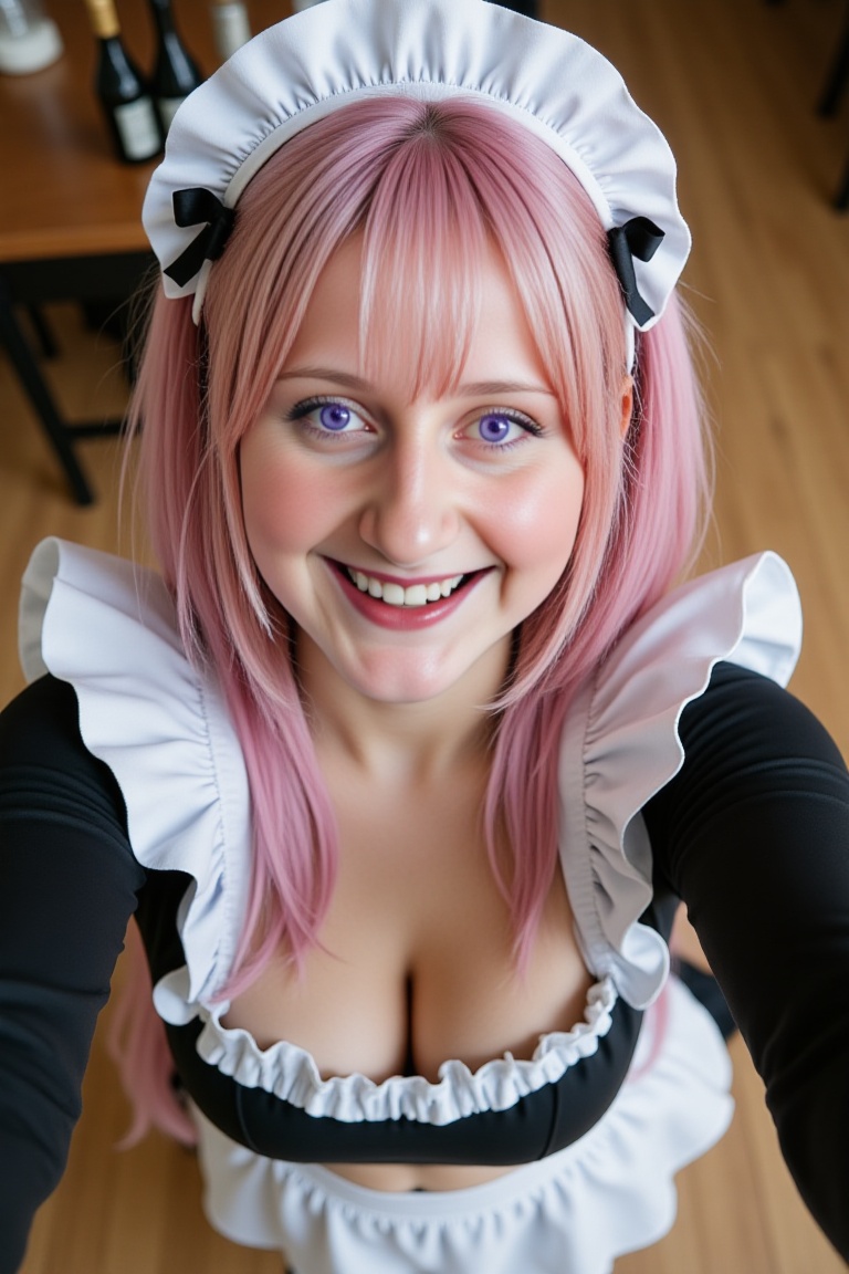 Annamaid. Masterpiece. A 22-year-old cheerful woman anime-style maid with pastel pink twin tails,  sharp violet eyes,  ath...