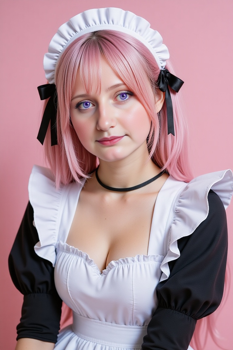 Annamaid. Masterpiece. A 22-year-old beautiful woman anime-style maid with pastel pink twin tails,  sharp violet eyes,  at...