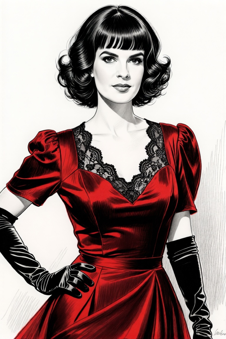 Beautiful woman with elegant black pixie curly hair,  razor-short taper fade,  short line bangs on Tensor.Art