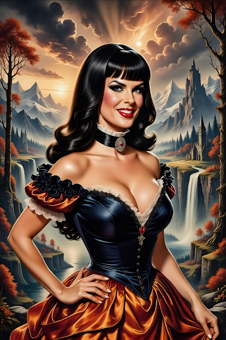 Body portrait of Katarina W. as Vampirella,  a beautiful smiling seductress with bright eyes,  long straight black hair wi...