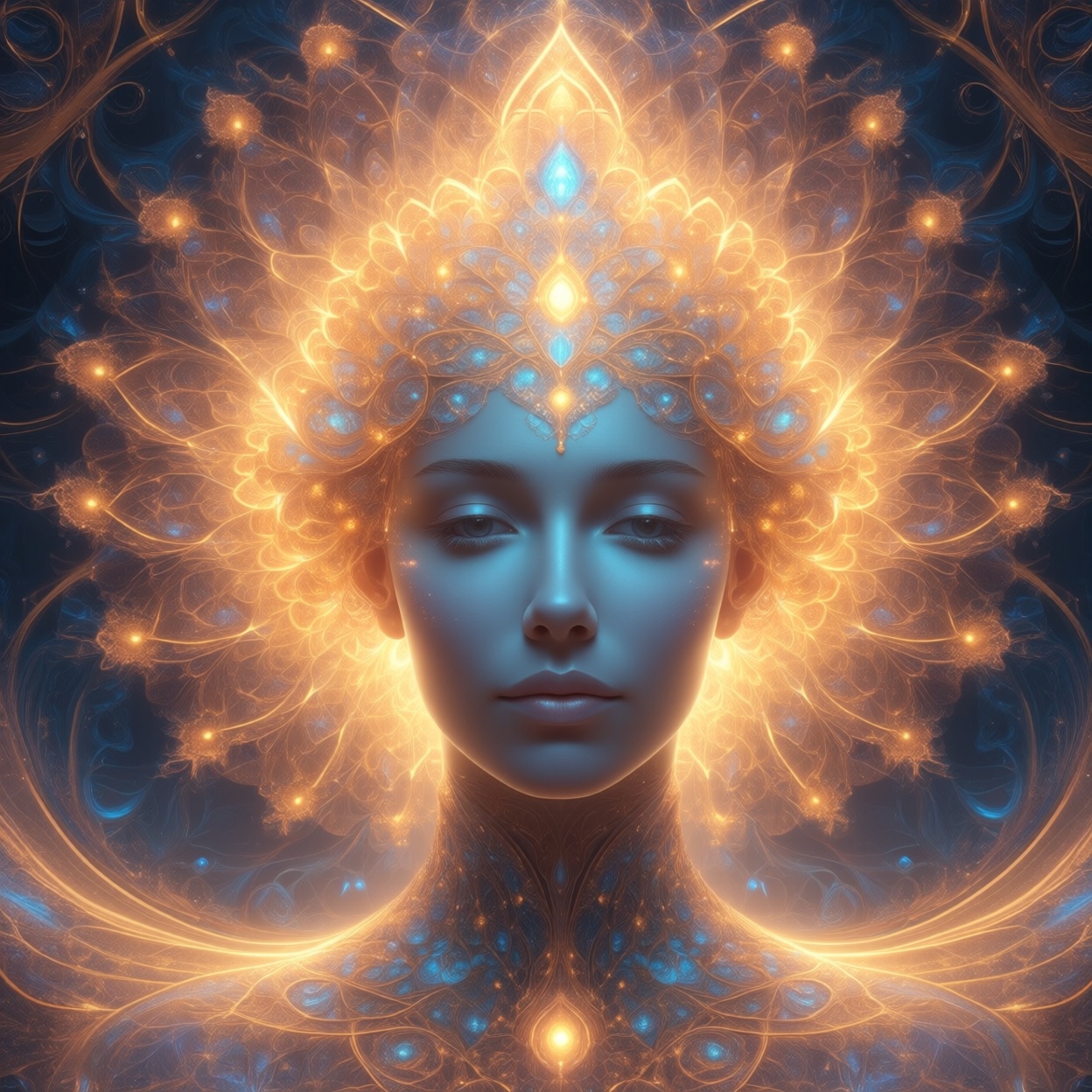 portrait of a human face,  fractal face,  constructed from glowing fractal patterns on Tensor.Art