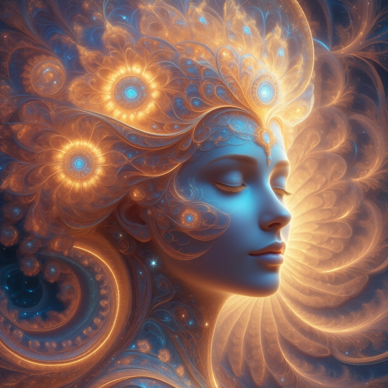 portrait of a human face,  fractal face,  constructed from glowing fractal patterns on Tensor.Art
