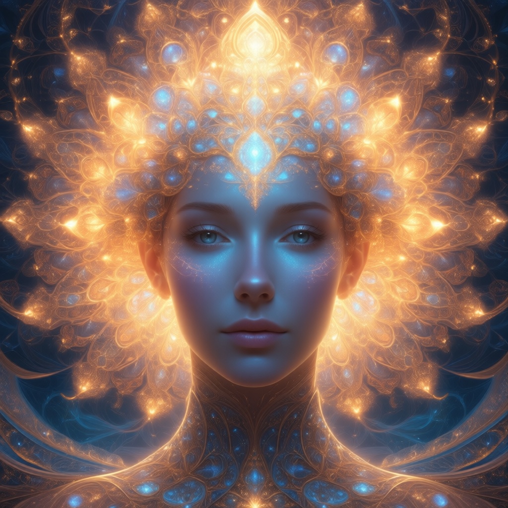 portrait of a human face,  fractal face,  constructed from glowing fractal patterns on Tensor.Art