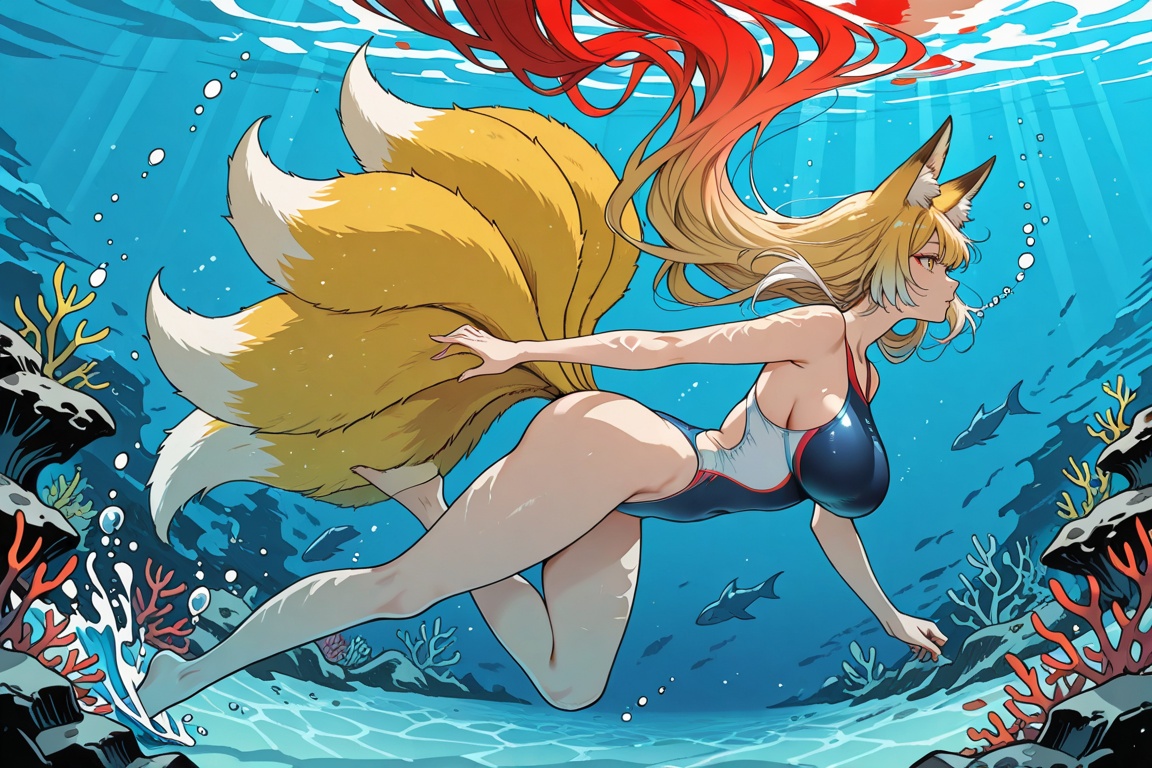 fox ears,  nine tails,  gradient_hair on Tensor.Art