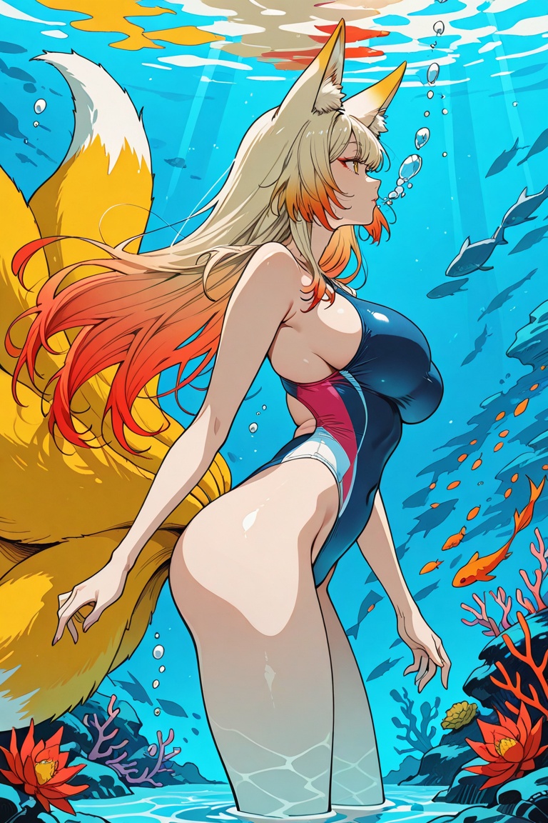 fox ears,  nine tails,  gradient_hair on Tensor.Art