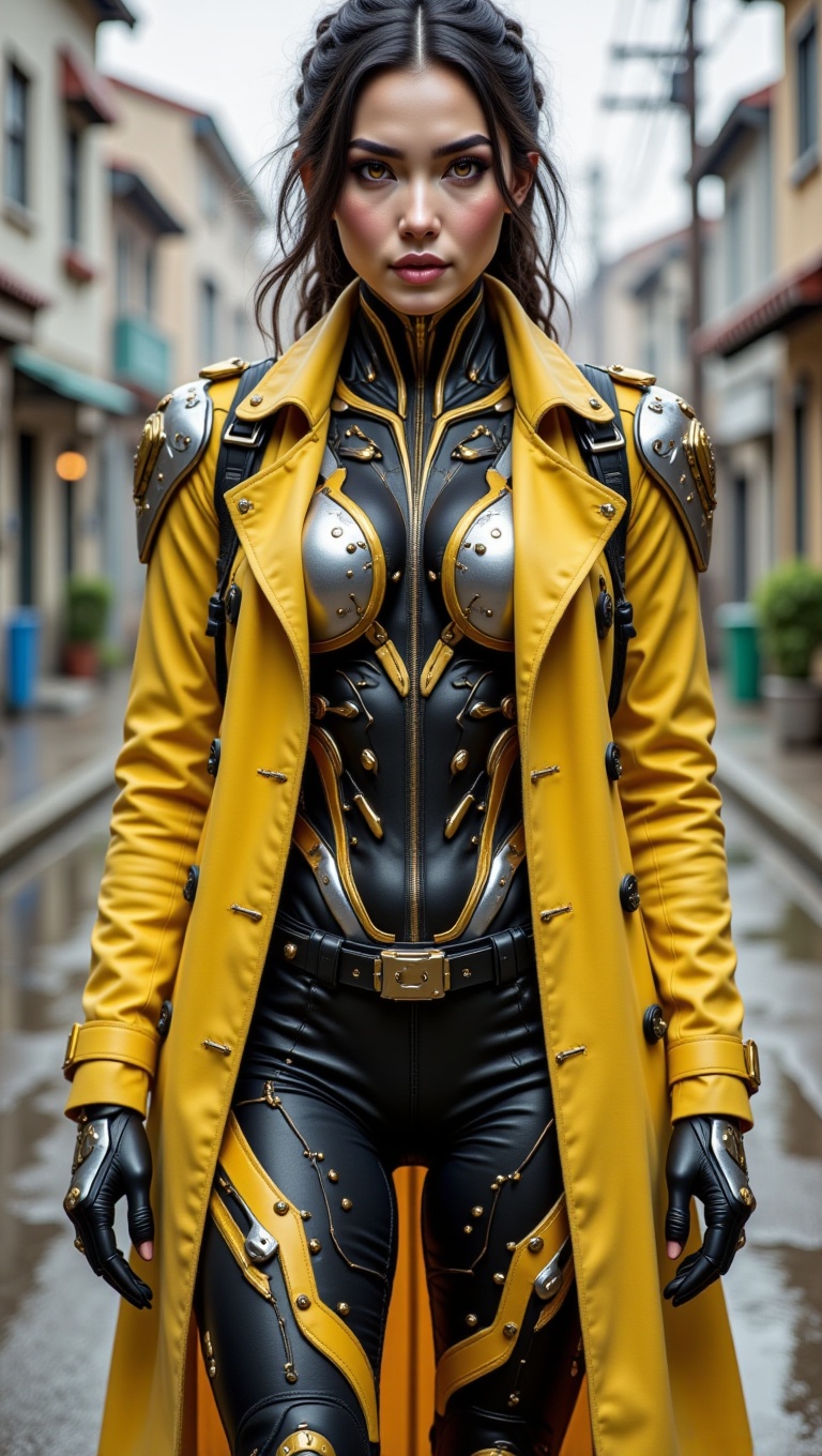 This image features a woman in a distinctive,  futuristic-style outfit,  blending rugged and sophisticated elements. The c...